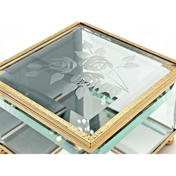Crystal Glass Mirrored Jewelry Trinket Box Beveled Footed Etched Flower Embossed - Picture 6 of 16